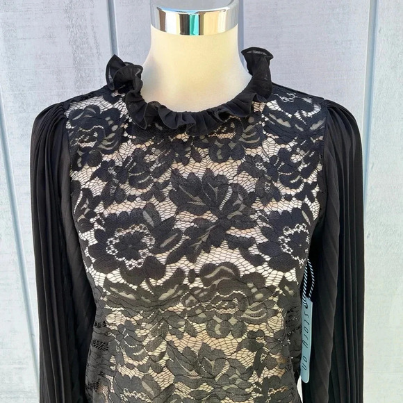 Story On Pleated Sleeve Lace Blouse Top Sheer Black See-Through - Picture 4 of 11